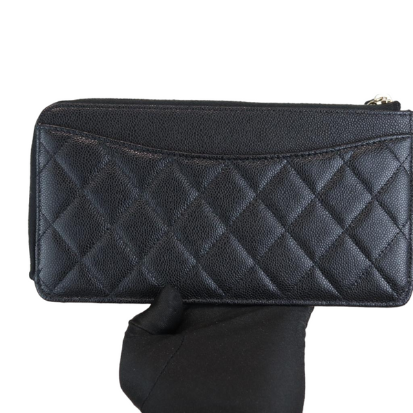 cc zipped wallet 20cm black quilted caviar silver hardware