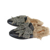 Flat Mules Crystal Embellished Leather and Fur Black Size 38