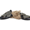 Flat Mules Crystal Embellished Leather and Fur Black Size 38