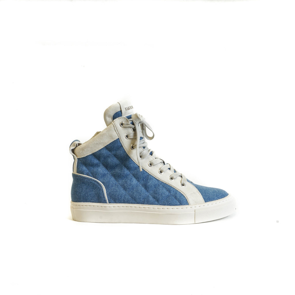 High Top Sneakers with Side Zipper Denim and Cream