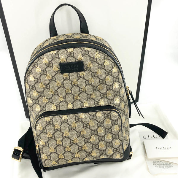 gucci gold bee mini backpack cheap GG Supreme Monogram Bees Print Small Day Beige Oro Black 1398919  FASHIONPHILE Padded shoulder strap Mini Gucci Backpack Men Old