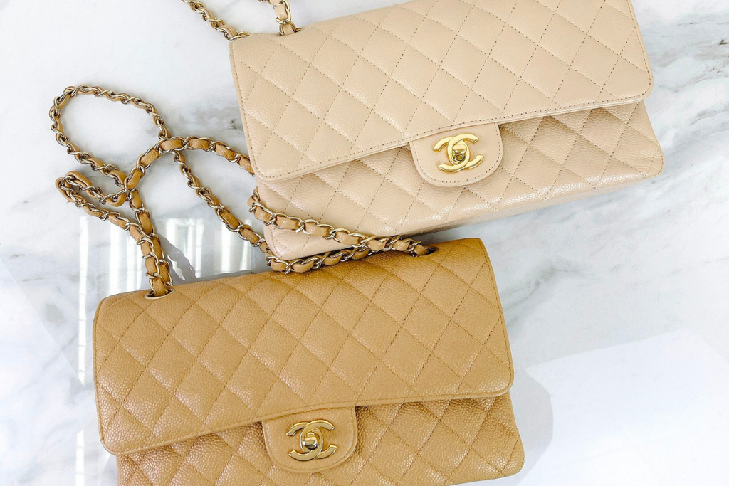 Chanel small and large beige classic flap bags comparison