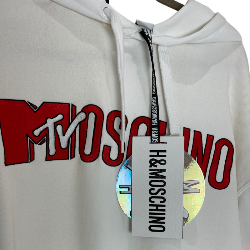 Moschino H&M X MTV White Logo Hooded Sweatshirt Size Medium