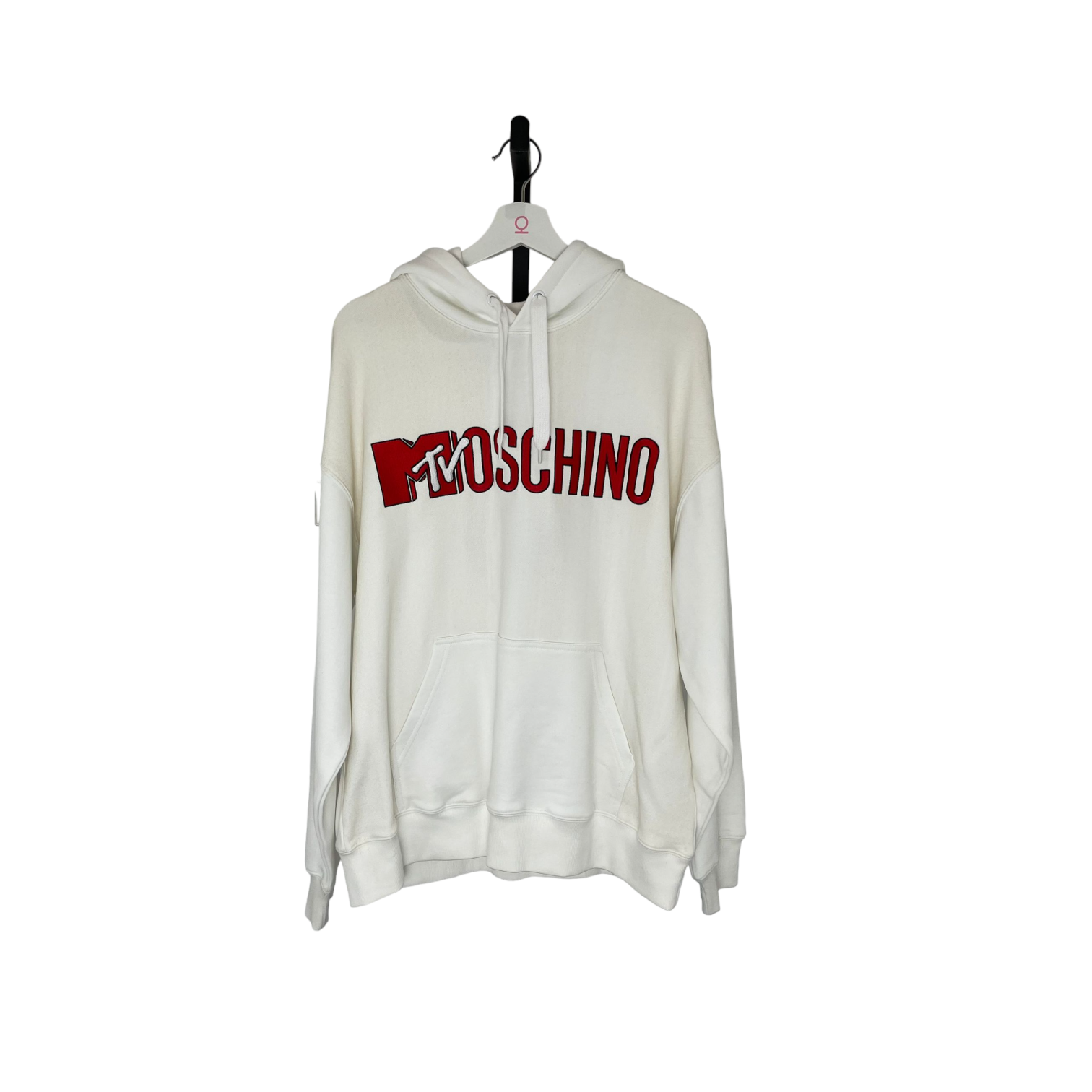 Moschino H M X MTV White Logo Hooded Sweatshirt Size Medium Bag Religion