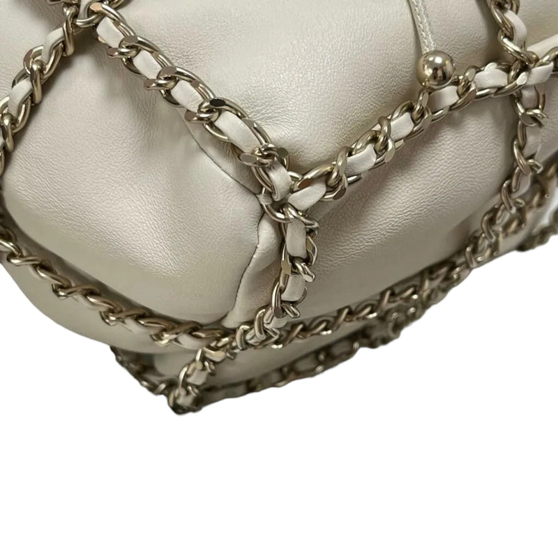 Chain Bucket Drawstring Lambskin White GHW