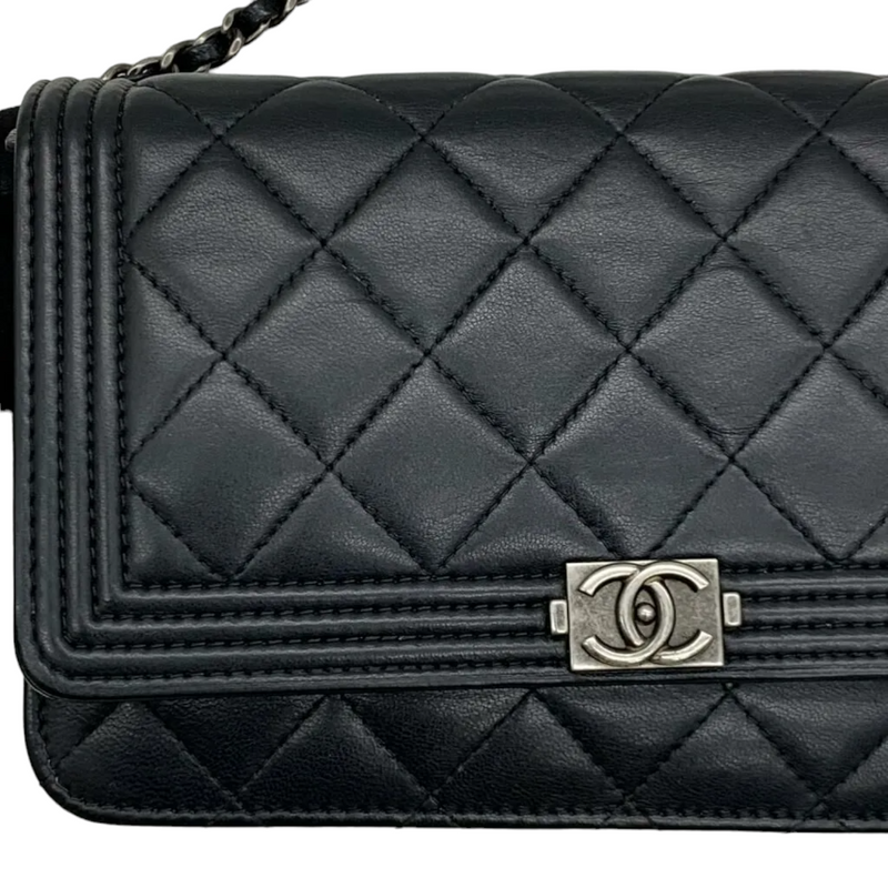 Lambskin Quilted Boy Wallet on Chain WOC Black RHW