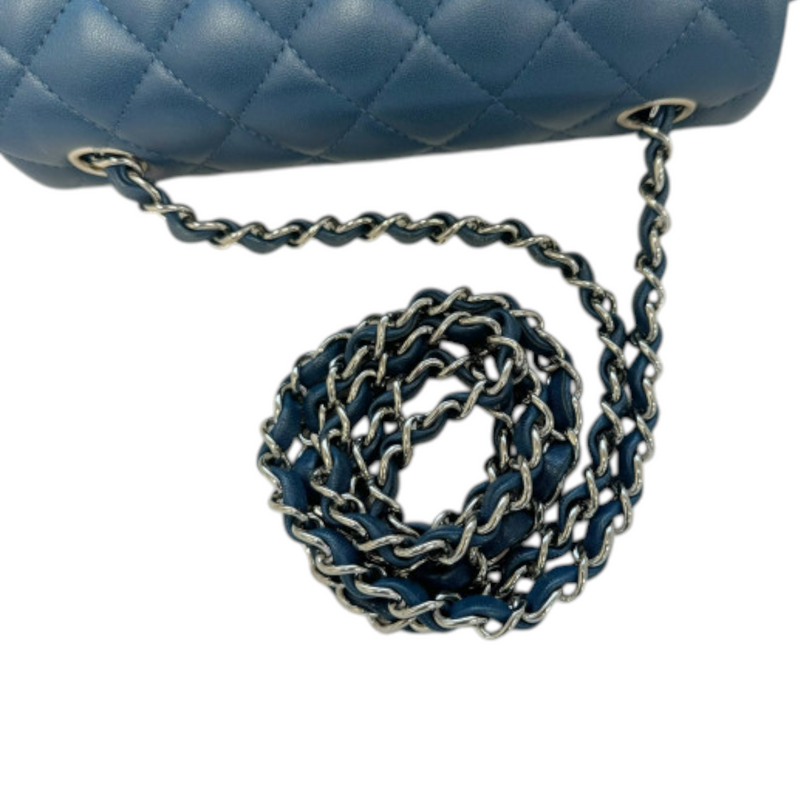 Rectangular Flap Mini Lambskin Quilted Blue SHW