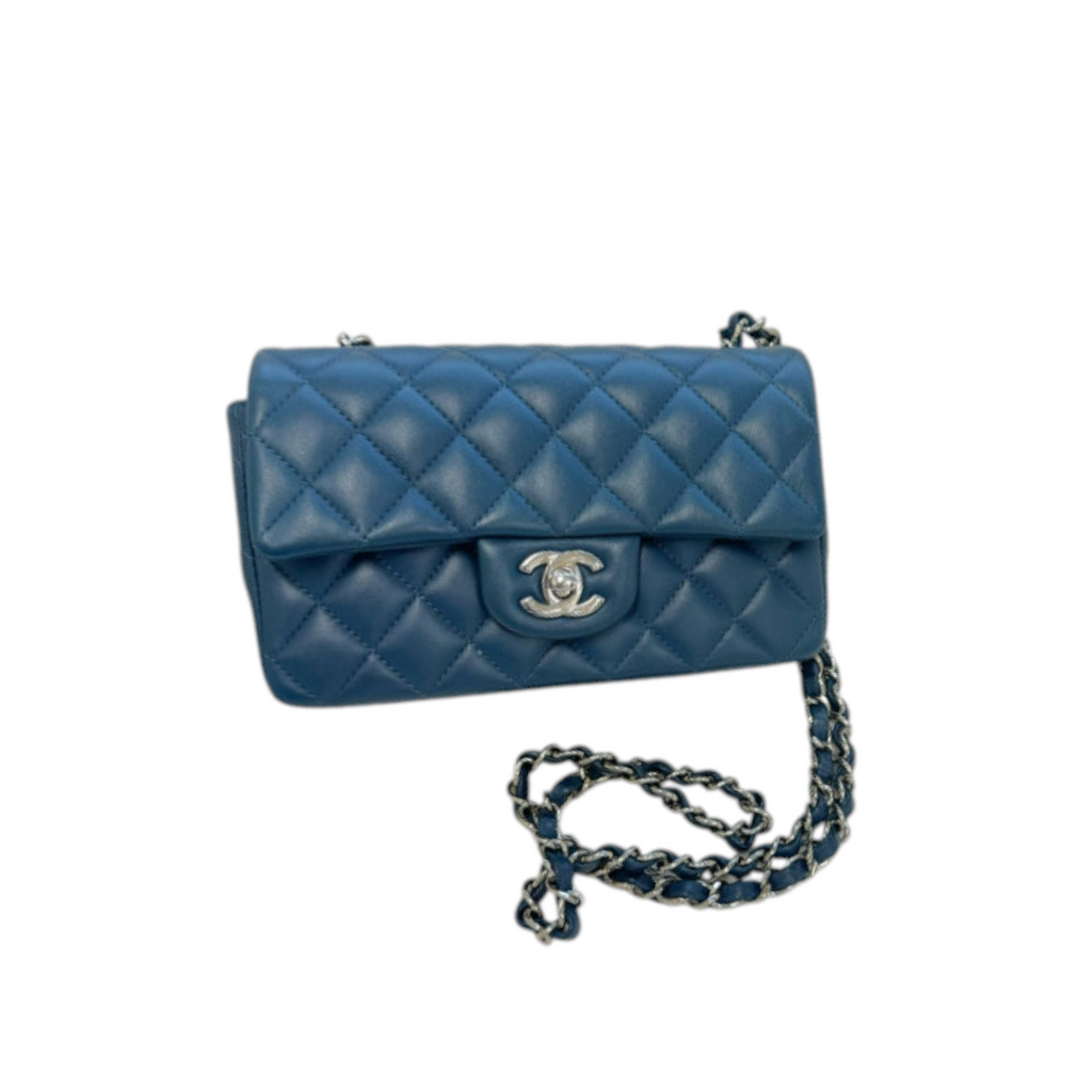Rectangular Flap Mini Lambskin Quilted Blue SHW