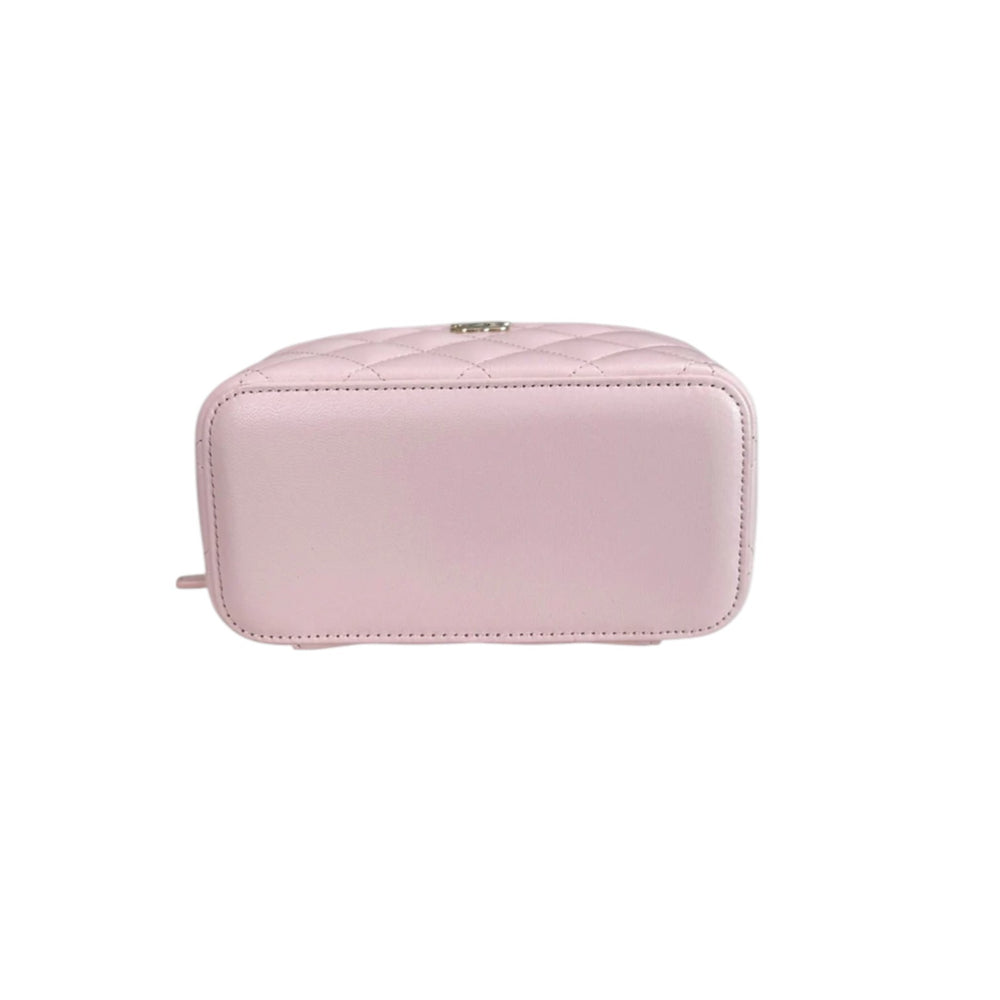 Top Handle Vanity Case With Chain Small Lambskin Light Pink GHW