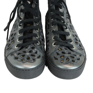 Hollow Out Flower Sneakers Leather Black Size 37