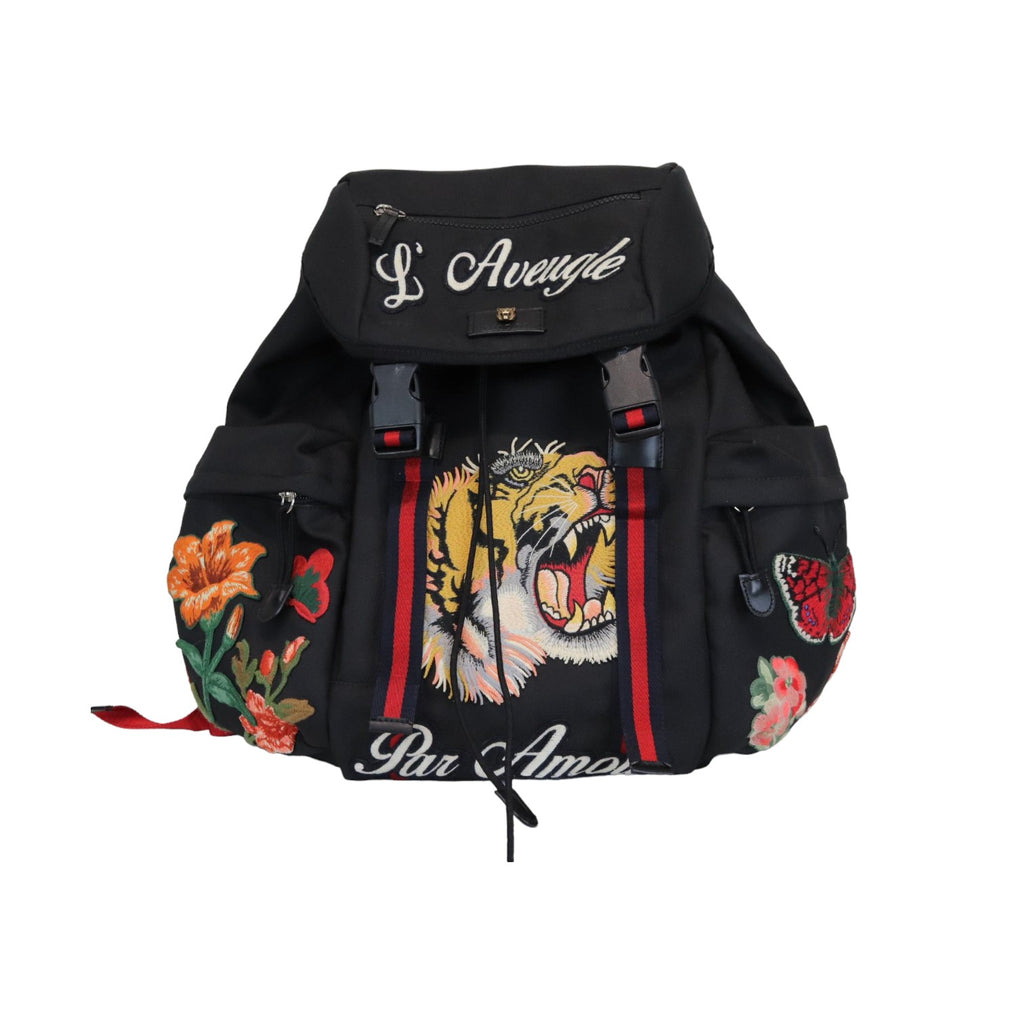 Techno Canvas Embroidered Double Buckle Backpack Black