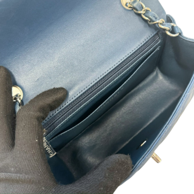 Rectangular Flap Mini Lambskin Quilted Blue SHW