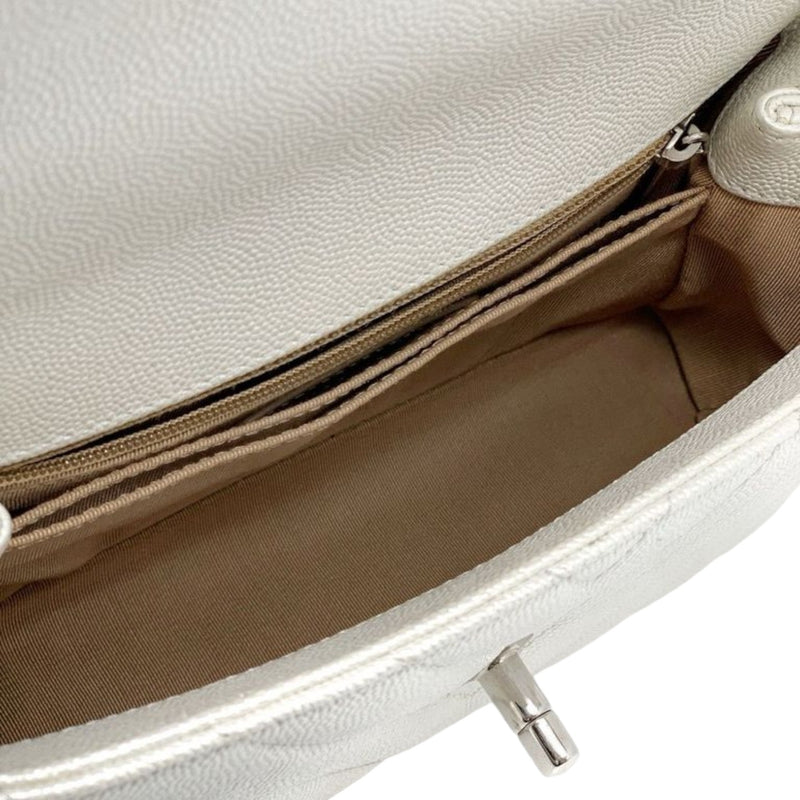 Coco Handle Flap Mini Caviar Chevron Quilted White SHW