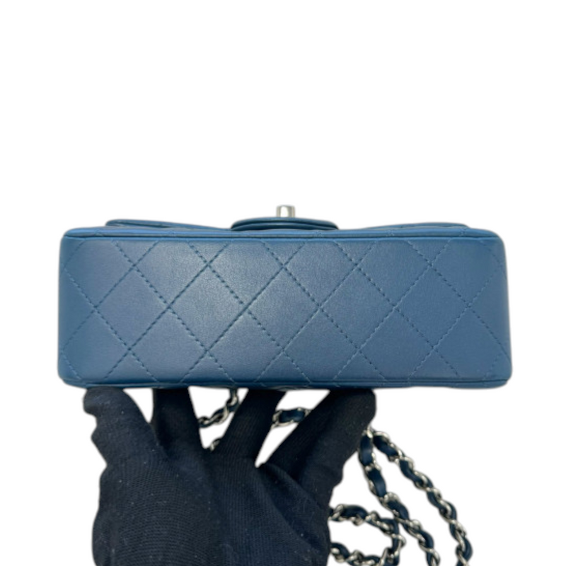 Rectangular Flap Mini Lambskin Quilted Blue SHW
