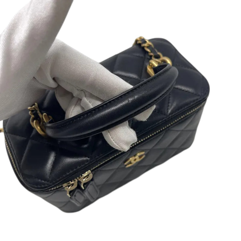 Top Handle Vanity Case Small Lambskin Black GHW