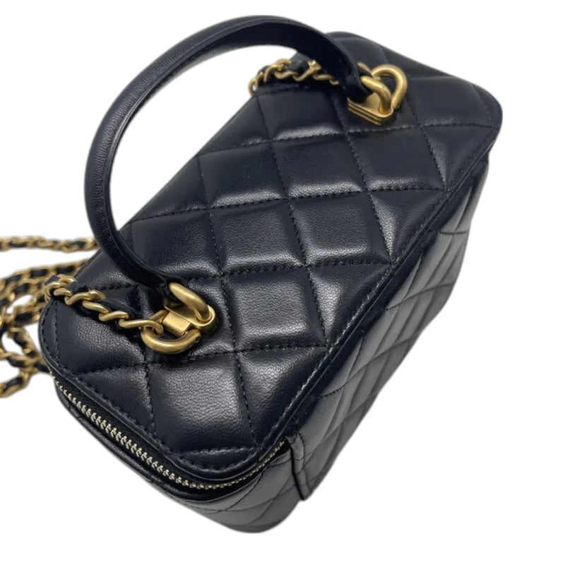 Top Handle Vanity Case Small Lambskin Black GHW