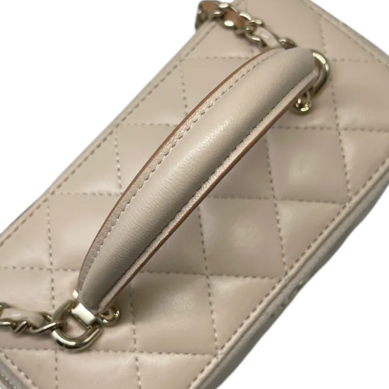 Top Handle Vanity Case With Chain Small Lambskin Ecru Beige GHW