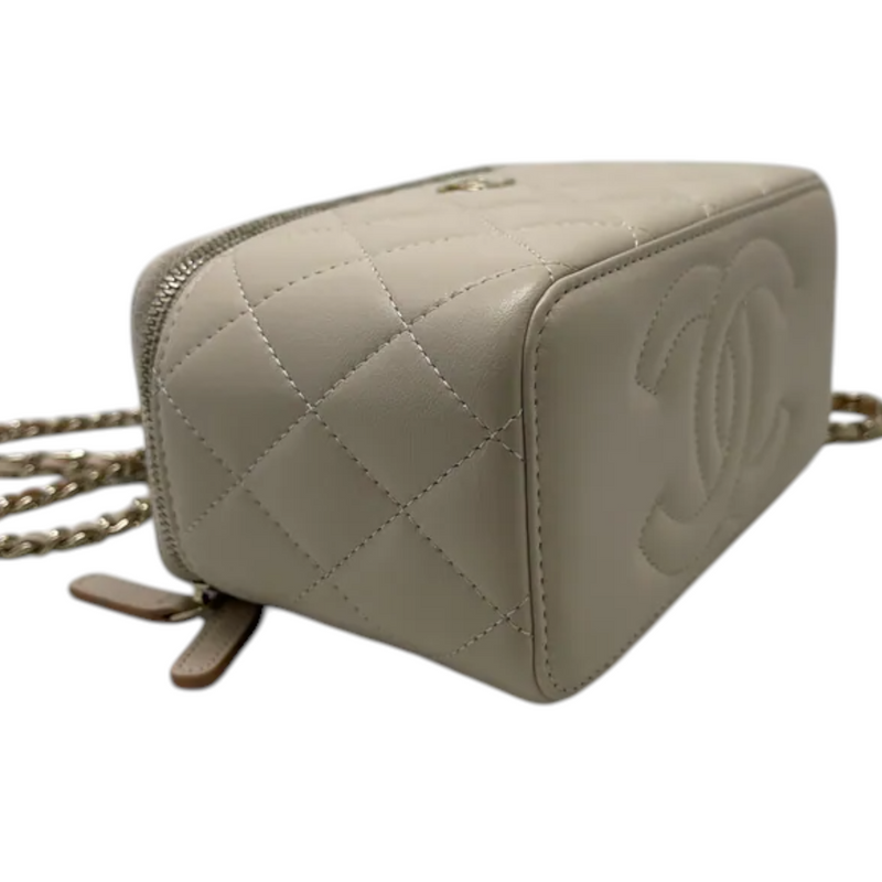 Top Handle Vanity Case With Chain Small Lambskin Ecru Beige GHW