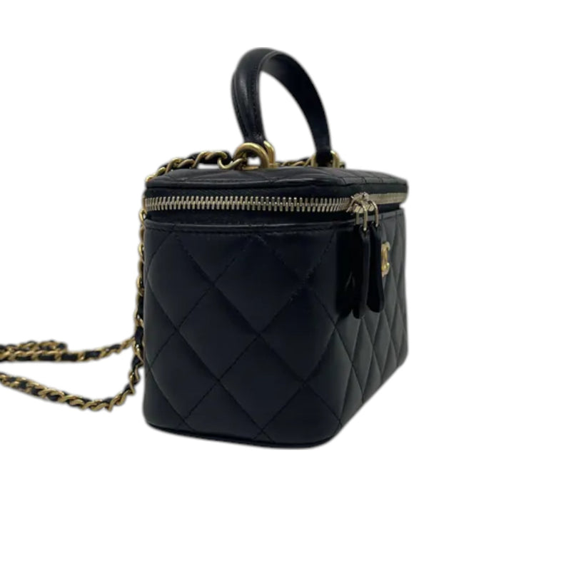 Top Handle Vanity Case Small Lambskin Black GHW