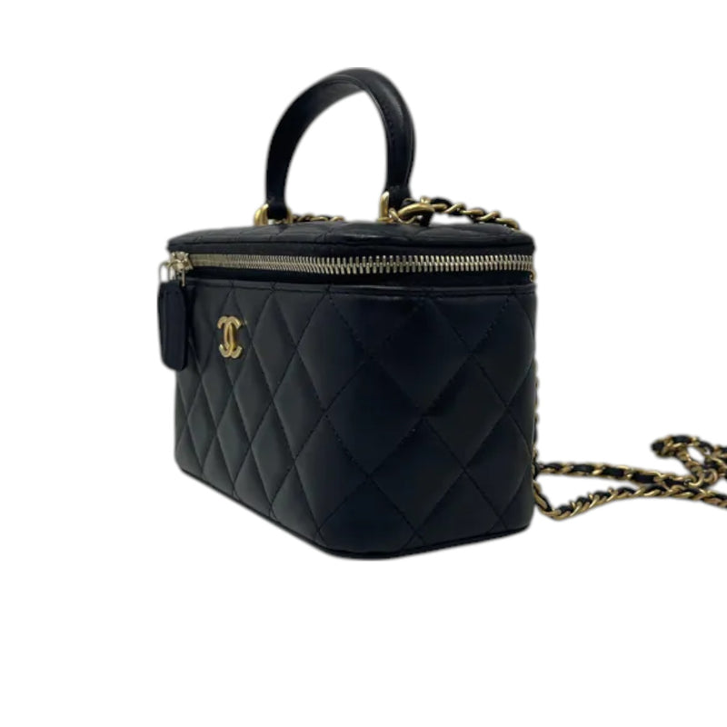 Top Handle Vanity Case Small Lambskin Black GHW