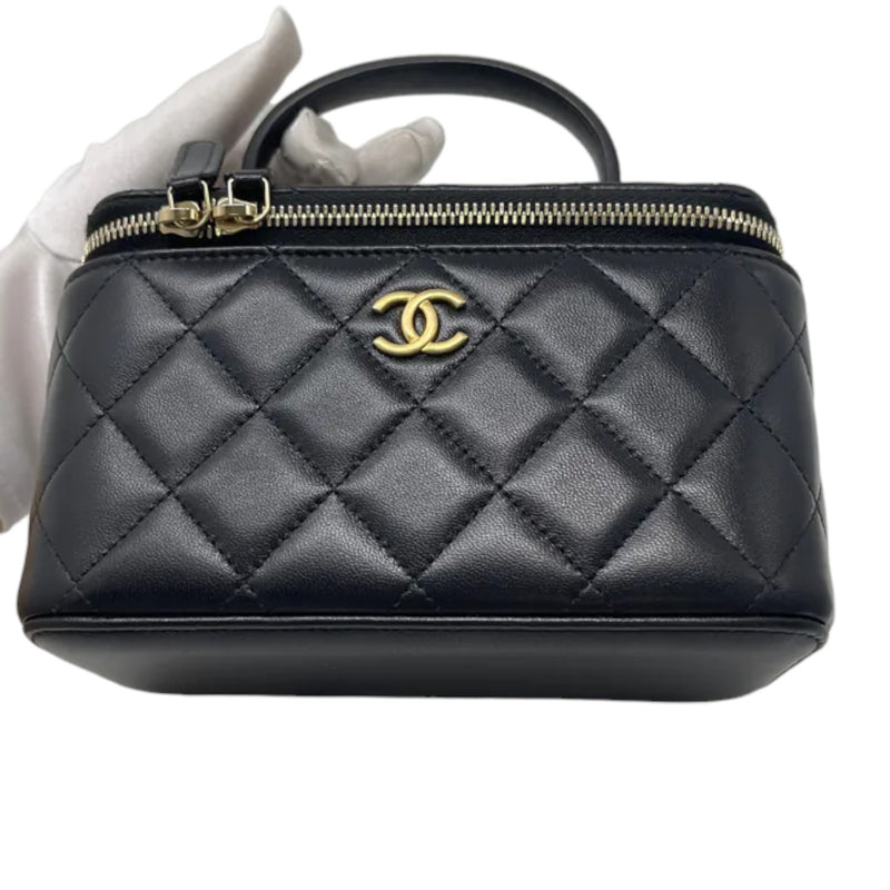 Top Handle Vanity Case Small Lambskin Black GHW