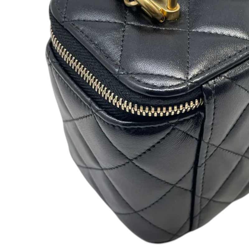 Top Handle Vanity Case Small Lambskin Black GHW