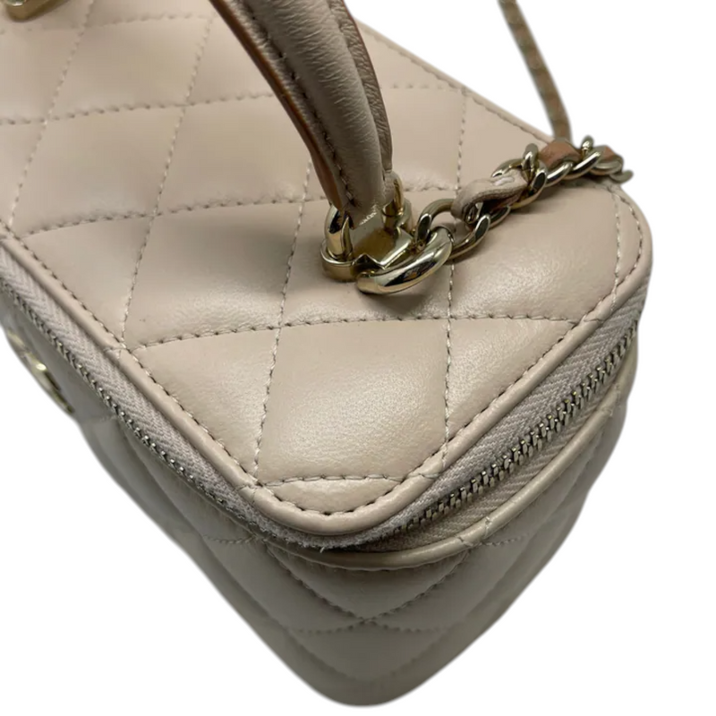 Top Handle Vanity Case With Chain Small Lambskin Ecru Beige GHW