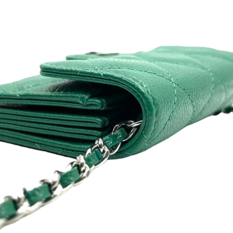 Flap Card Holder On Chain Caviar Quilted Green SHW