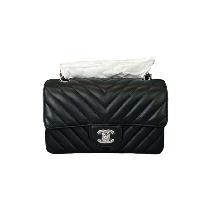 Mini Rectangular Flap Black Lambskin Chevron Quilted SHW