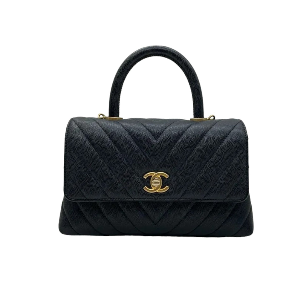 Coco Handle Flap Small Caviar Chevron Quilted Black GHW