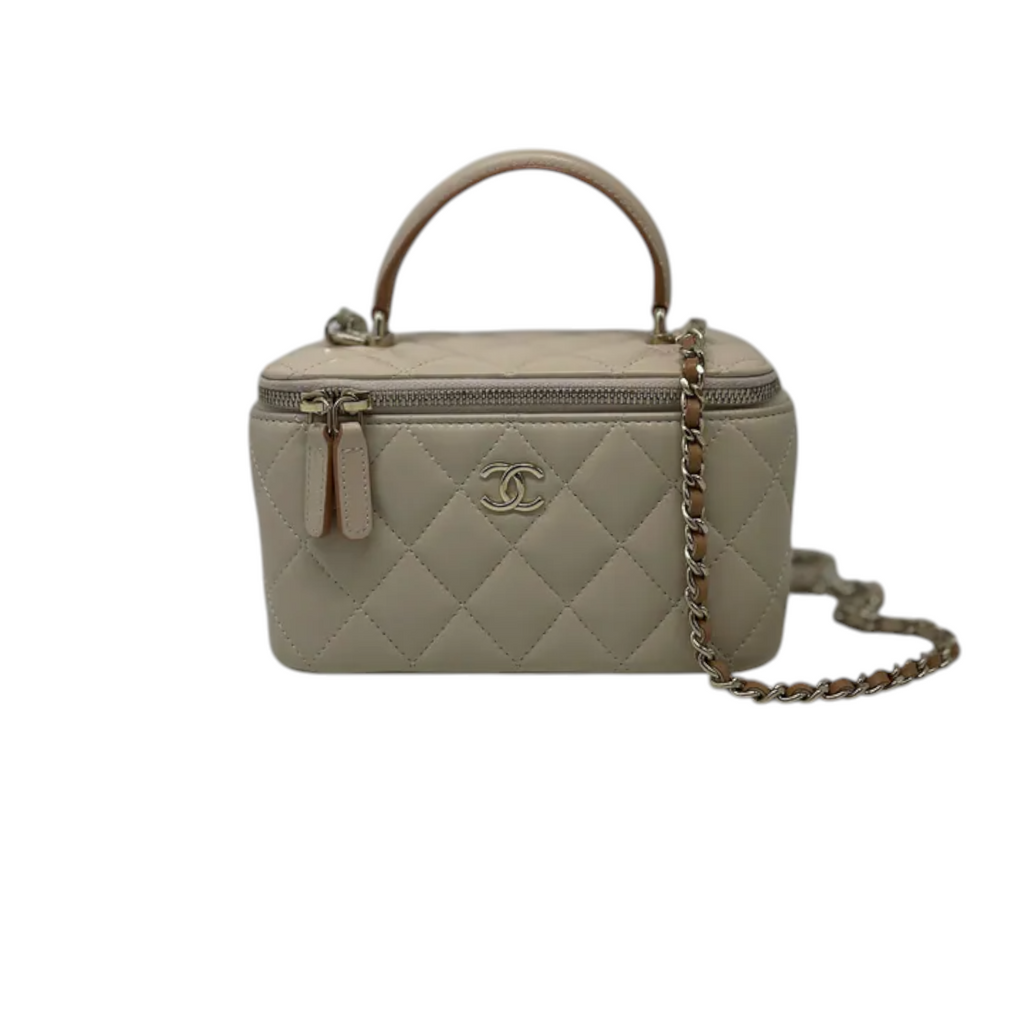 Top Handle Vanity Case With Chain Small Lambskin Ecru Beige GHW