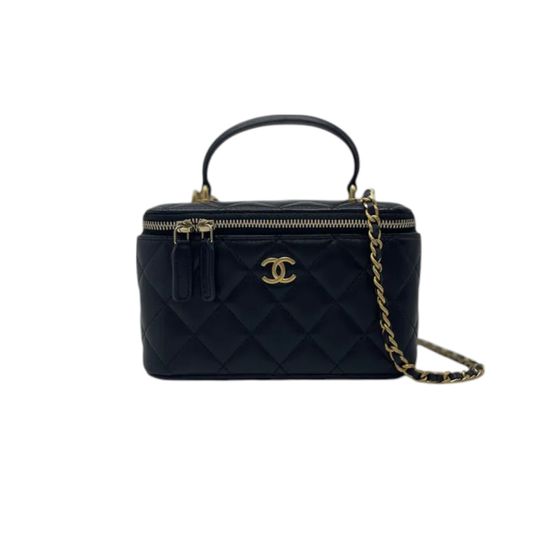 Top Handle Vanity Case Small Lambskin Black GHW
