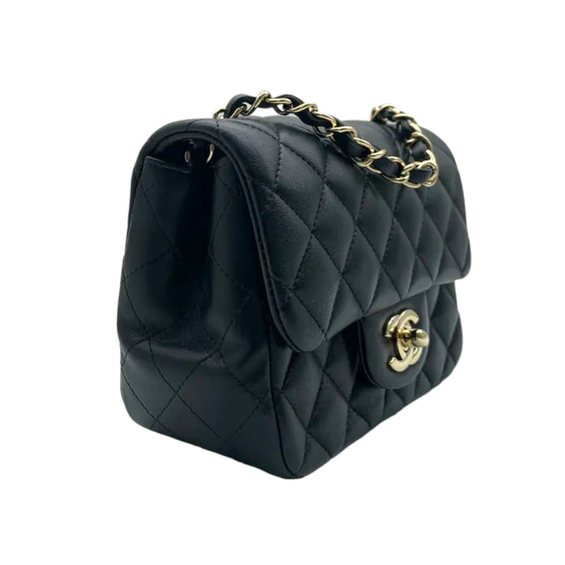 Square Flap Mini Lambskin Quilted Black LGHW