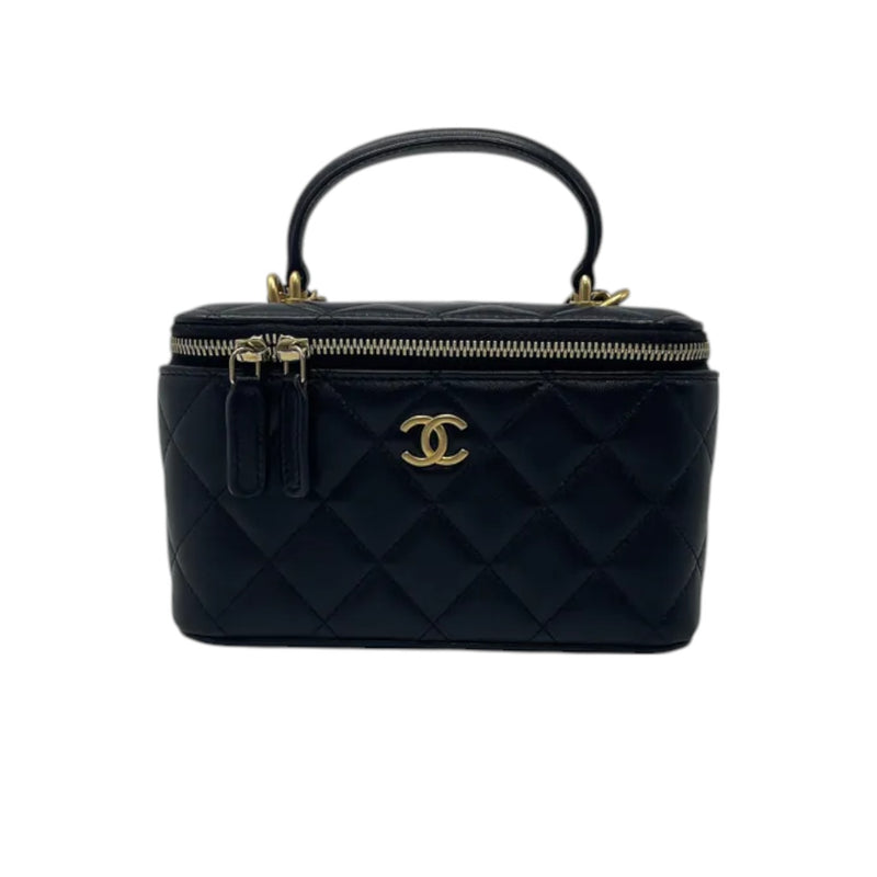 Top Handle Vanity Case Small Lambskin Black GHW