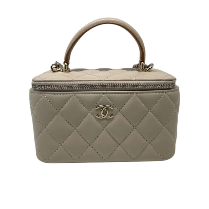 Top Handle Vanity Case With Chain Small Lambskin Ecru Beige GHW