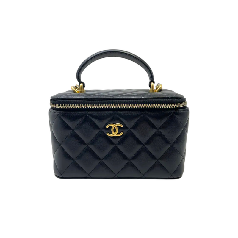 Top Handle Vanity Case Small Lambskin Black GHW