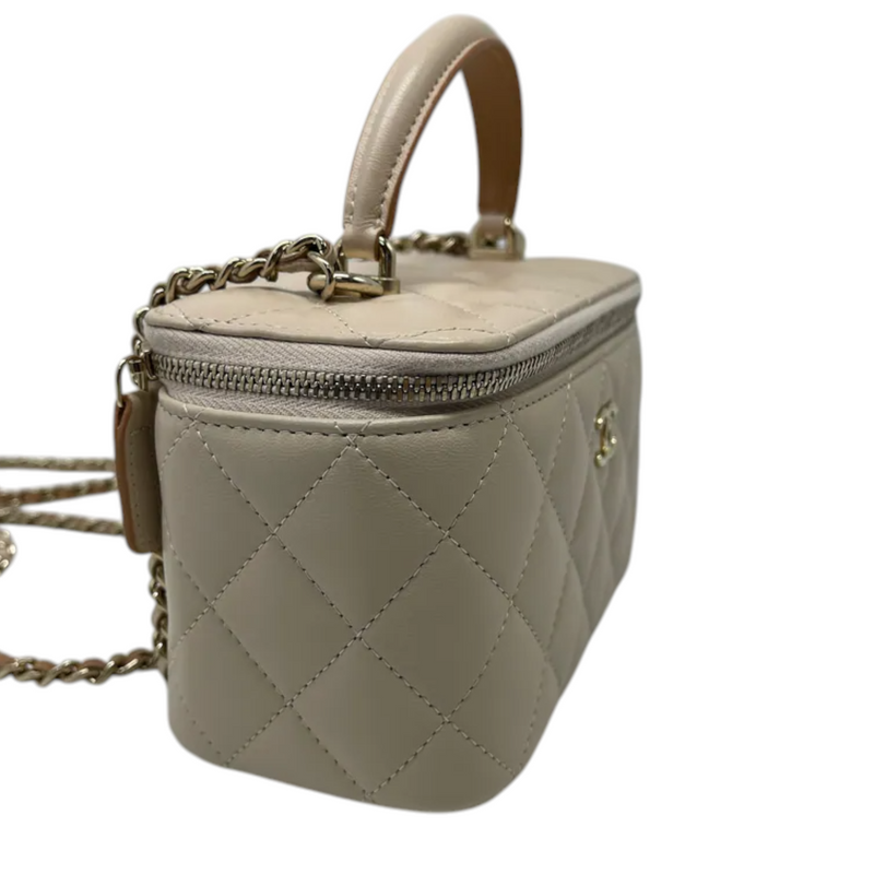 Top Handle Vanity Case With Chain Small Lambskin Ecru Beige GHW