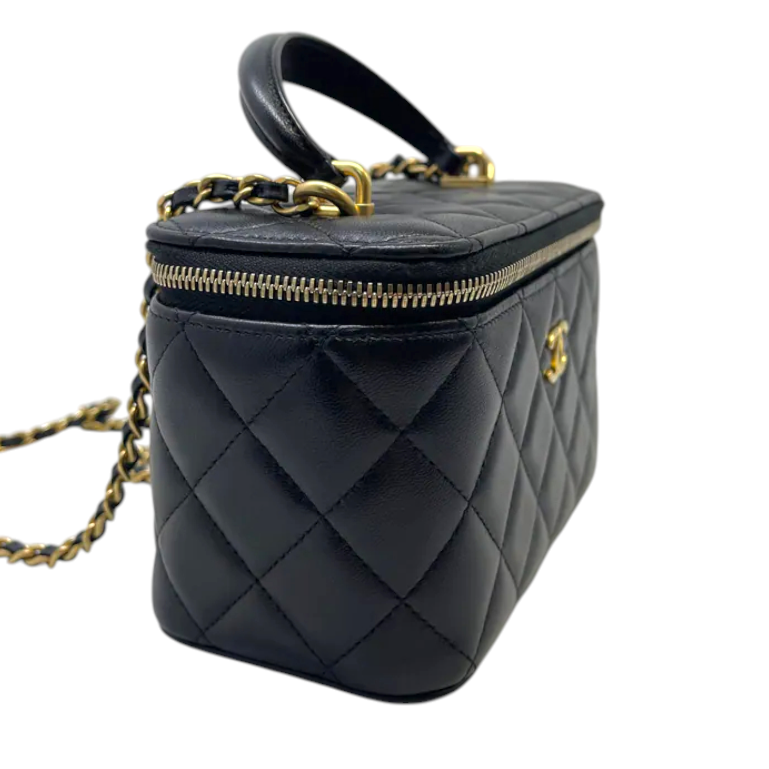 CHANEL Vanity Case BLACK 【こっとん】 Authentic CHANEL Black Lambskin Pearl Crush Mini Vanity Case Bag