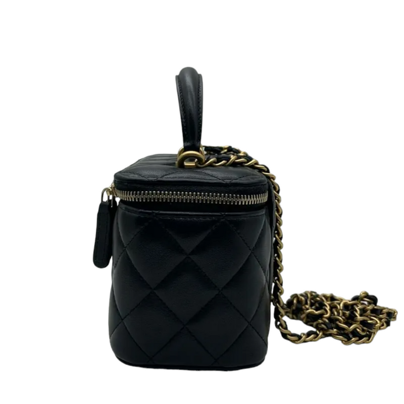 Lambskin Small Top Handle Vanity Case with Chain Black GHW