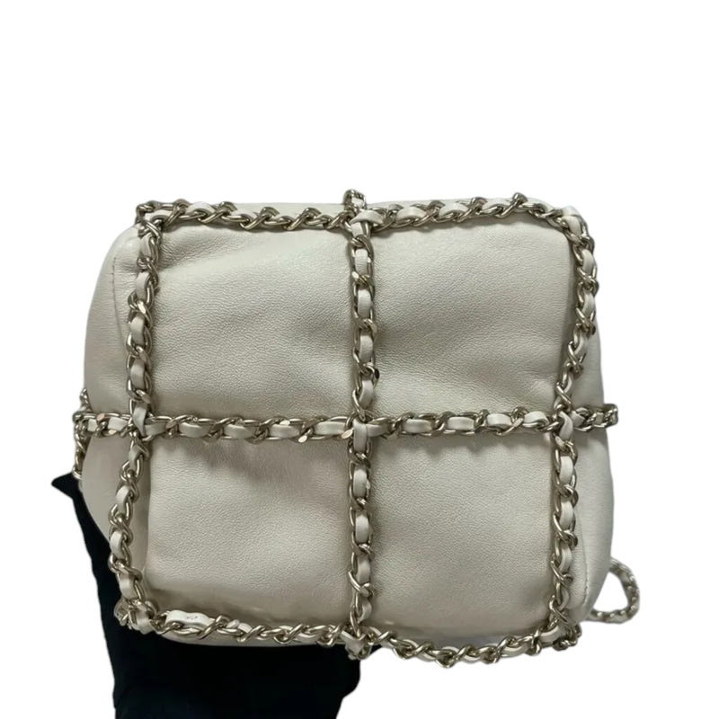 Chain Bucket Drawstring Lambskin White GHW