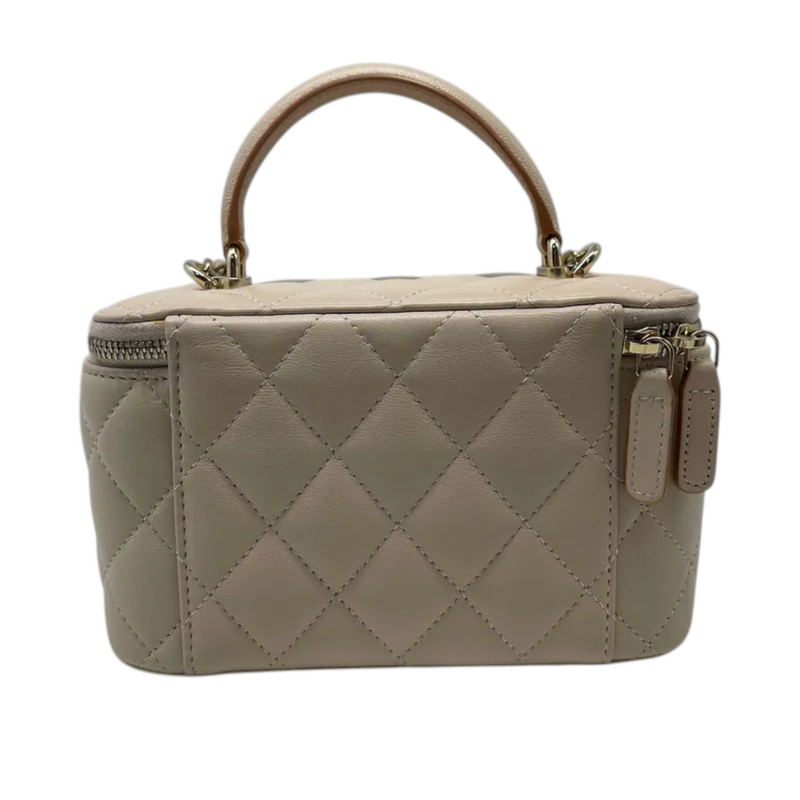 Top Handle Vanity Case With Chain Small Lambskin Ecru Beige GHW