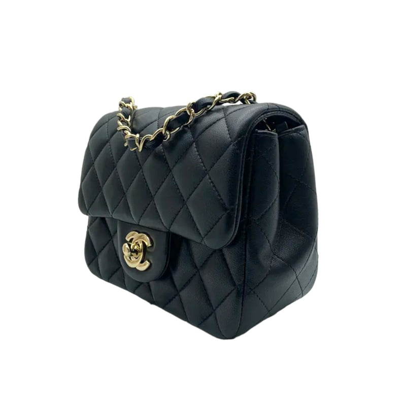 Square Flap Mini Lambskin Quilted Black LGHW