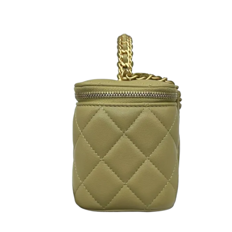 Chanel Pink And Green Quilted Lambskin Long Vanity Top Handle Pale