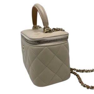 Top Handle Vanity Case With Chain Small Lambskin Ecru Beige GHW
