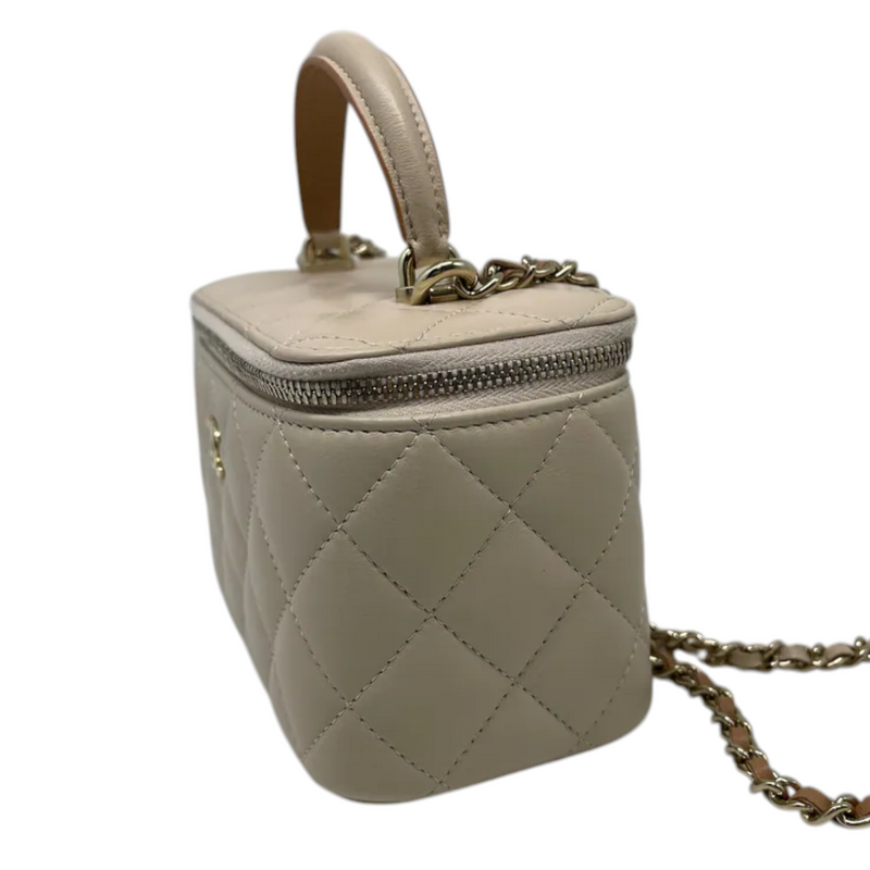 Top Handle Vanity Case With Chain Small Lambskin Ecru Beige GHW