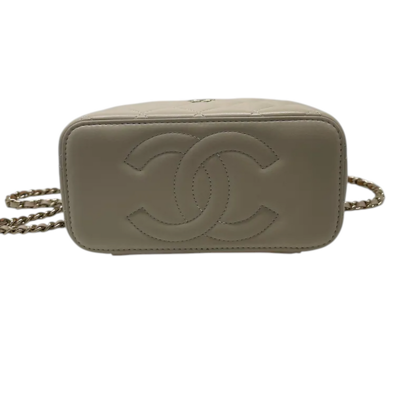 Top Handle Vanity Case With Chain Small Lambskin Ecru Beige GHW