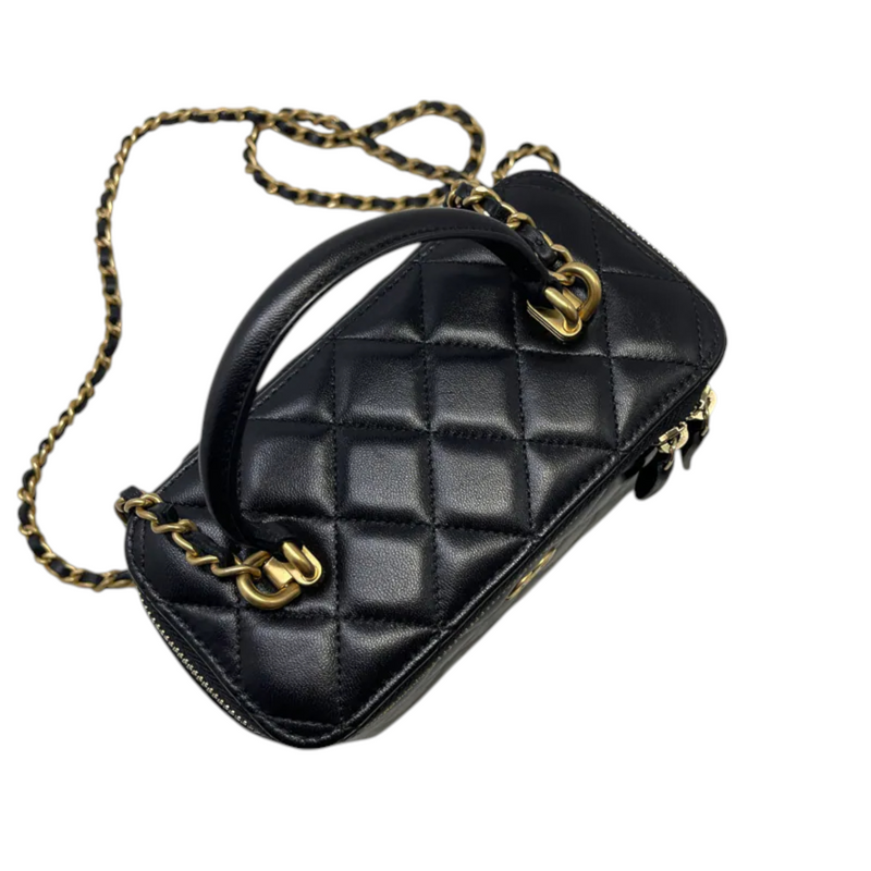Top Handle Vanity Case Small Lambskin Black GHW