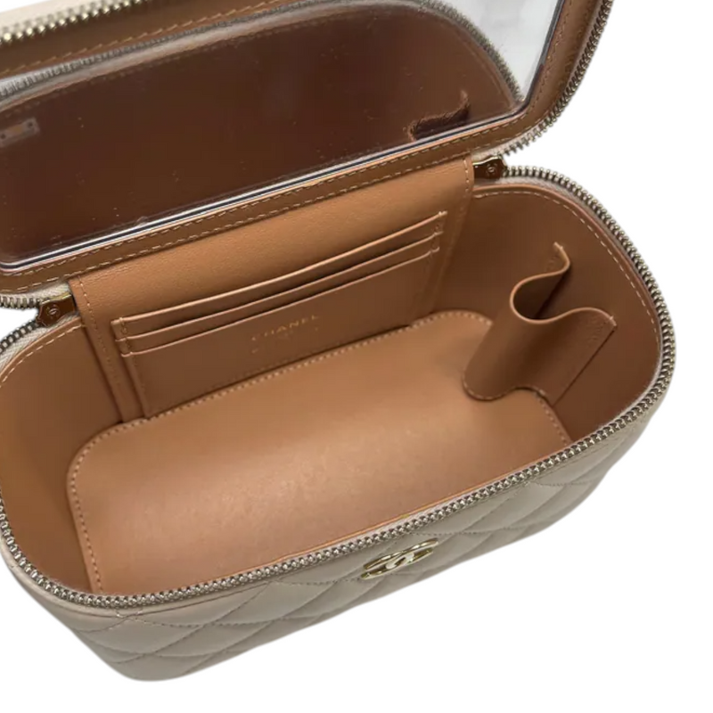 Top Handle Vanity Case With Chain Small Lambskin Ecru Beige GHW