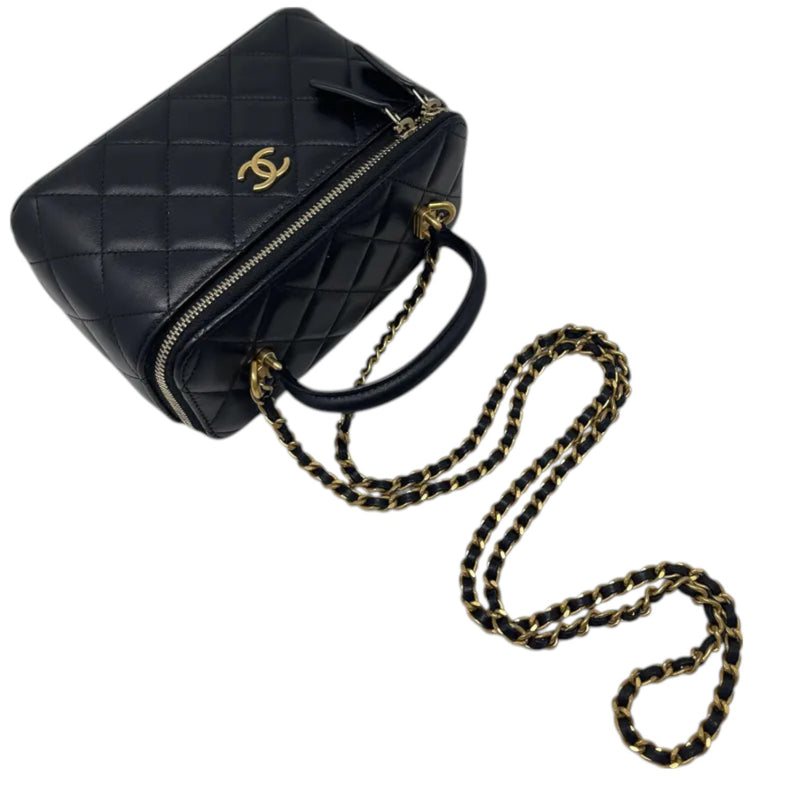 Top Handle Vanity Case Small Lambskin Black GHW