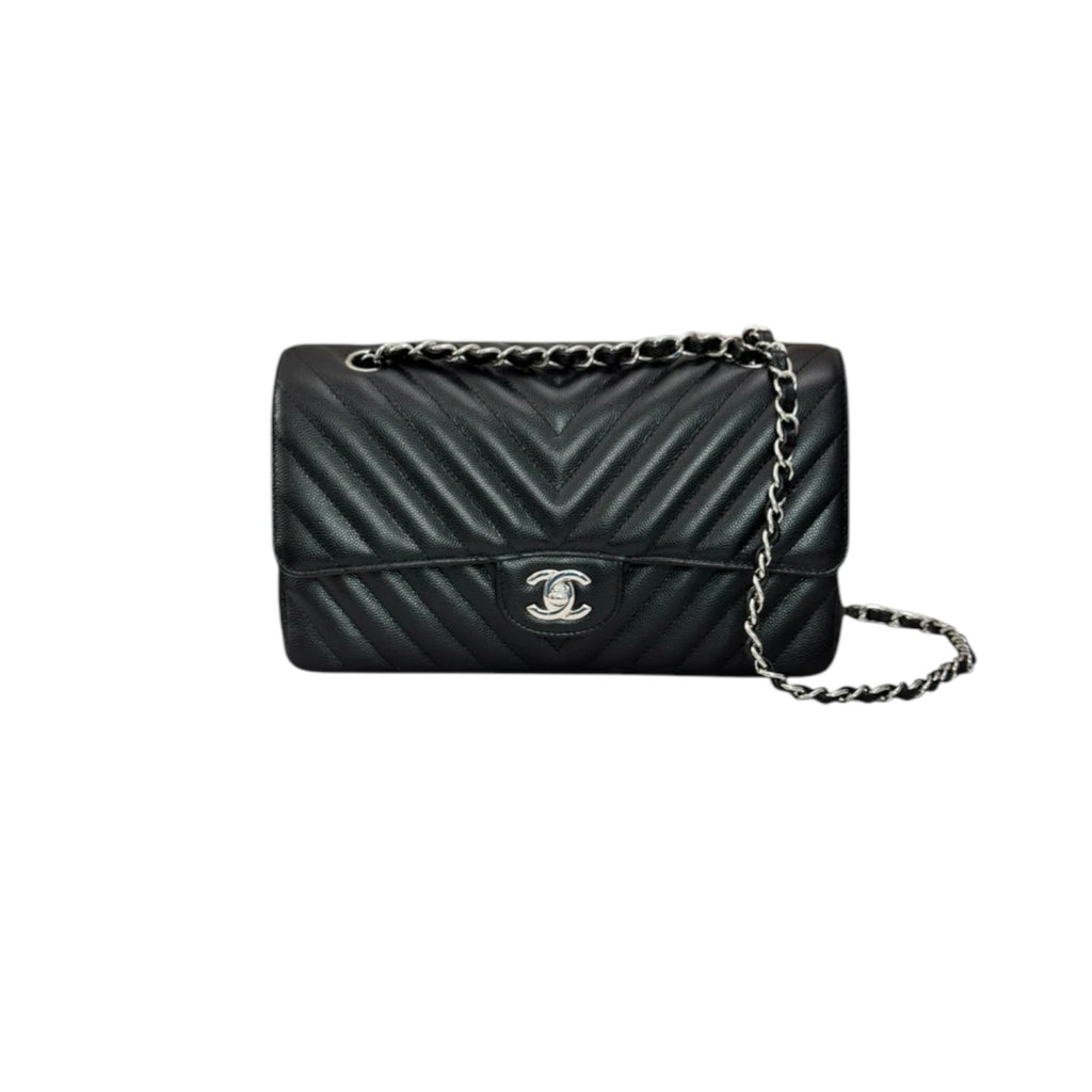 Classic Double Flap Medium Caviar Chevron Quilted Black SHW